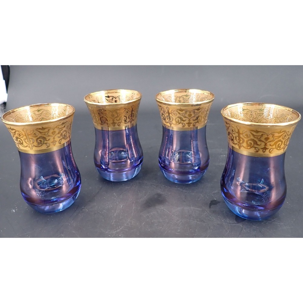 Vintage Bohemia Cordial Glasses Light Blue Purple Iridescent Heavy Gold Gild